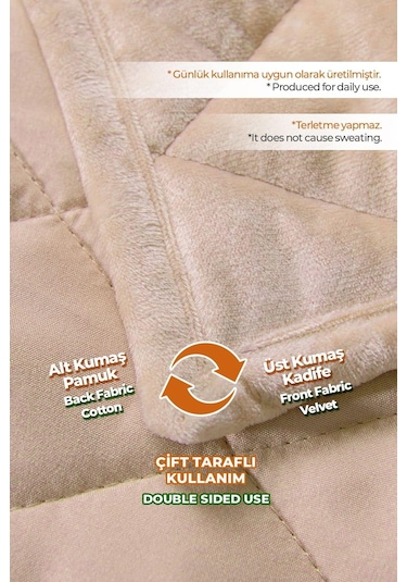 Evlen Home Kapitone Kadife Yatak Örtüsü Seti Çift Kişilik Supersoft 3 Parça Yumuşak Elyaf Dolgulu Bej Bej