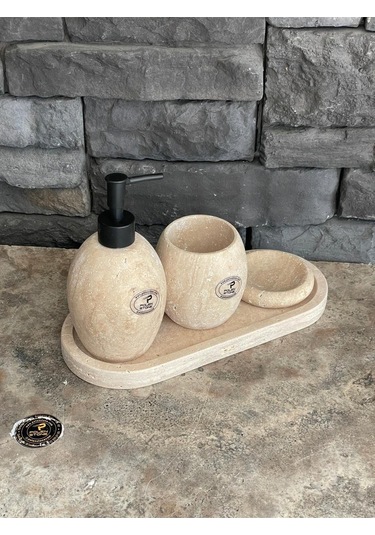 Bej Traverten Oval Model 4,lü Banyo Seti Beyaz