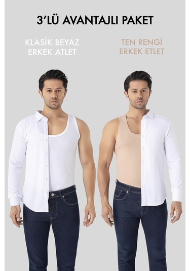 Görünmez Atlet Erkek Ten Rengi Hayalet Atlet 3'lü Paket %100 Pamuklu Penye Ten