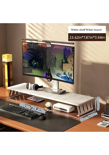 Motion003 Ergonomik Ahşap Monitör Standı Yükseltici Beyaz Stand Beyaz Tahta 60 Cm Büyük Çift Ekran Masa Rafı Ofis Ev Çalışma Alanı