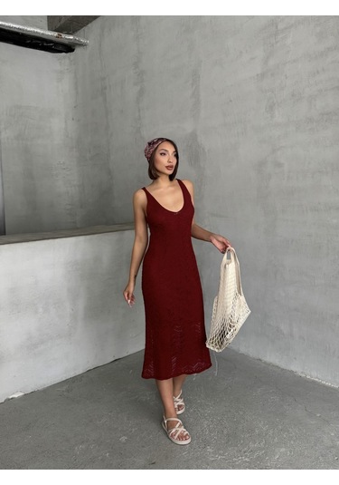 Kadın Askılı Ajurlu Yazlık Triko Elbise Bordo