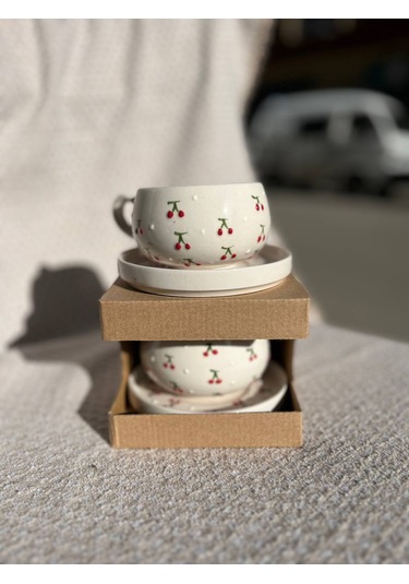 Seramik El Yapımı Fincan Takımı 2'li Set Kiraz Desenli Beyaz - Kırmızı