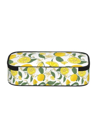 Limon Meyveli Çiçek Yaprak Desenli Baskılı Kalem Kutusu Büyük Kapasiteli Kalem Çantası, Erkek, Kız, Yetişkin Ve Ofis İçin Taşınabilir Kalem Kesesi, 21 Cm X 9 Cm Th