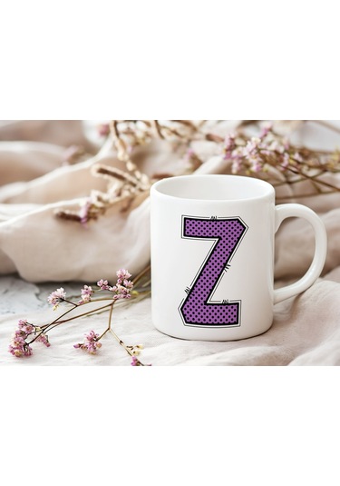 Z Harfi Mor Puantiyeli Kupa Bardak - Polka Dot Tasarım Kahve Çay Bardak - Kişiye Özel Hediyelik Beyaz