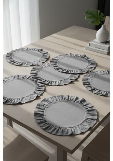 Yunusoğlu Home Pamuklu Fırfırlı Supla 6'lı Set Amerikan Servis 33 Cm Çap Supla 6'lı Füme