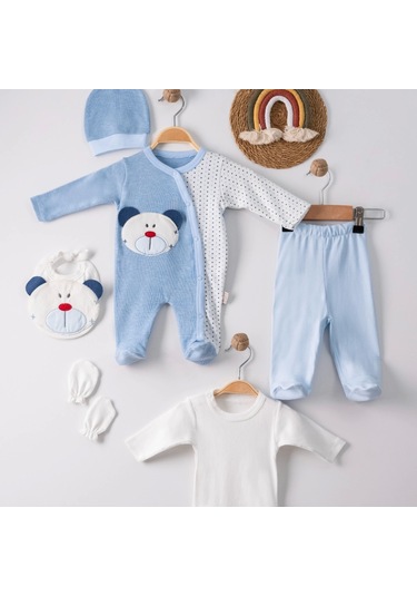 3 Ay Ayıcık Nakış Tulumlu Erkek Bebek 5'li Set Mavi Mavi