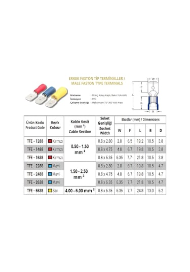 Tfe - 2638 1.5-2.5mm2 İzoleli Erkek Faston Tip Kablo Ucu Mavi - 200 Adet