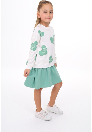 Toontoy Kız Çocuk Etek Volanlı Baskılı Elbise Yeşil