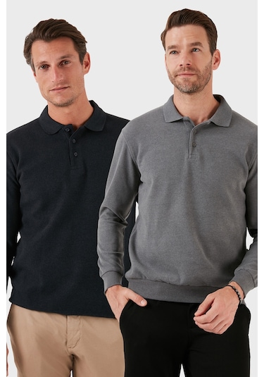 Buratti Pamuk Karışımlı Regular Fit 2'Li Paket Erkek Polo Yaka Kazak 456223S2 Antrasit-Koyu Gri