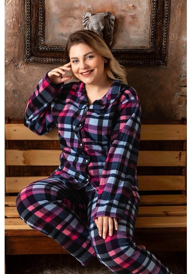 Sonbahar/kış Welsoft Polar Düğmeli Ekose Desenli Kadın Büyük Beden Pijama Takımı P200127-lacivert Lacivert
