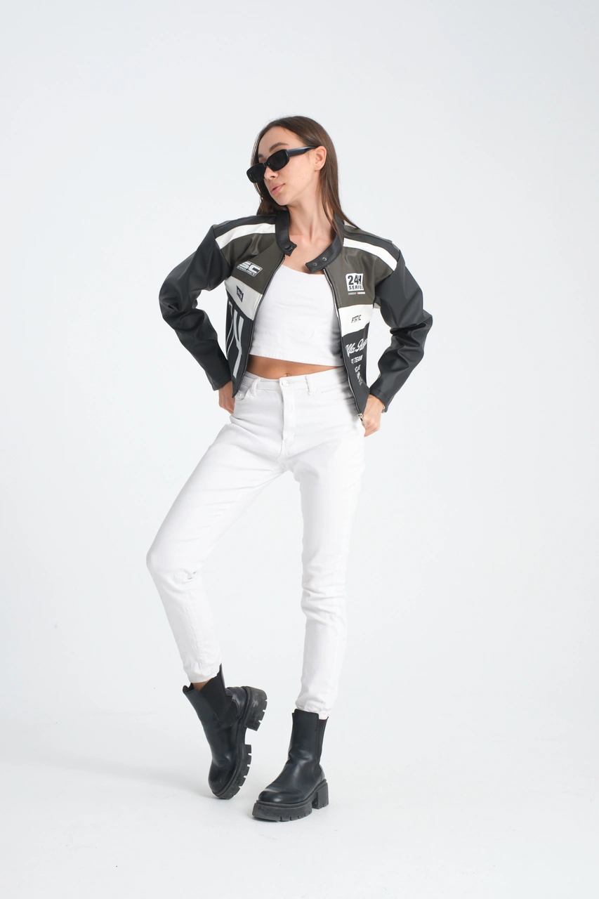 Kadın Oversize Baskılı Deri Şeritli Motorcu Montu Garnili Fermuarlı Yarışçı Ceketi Bomber Kolej Mont Koyu Kahve