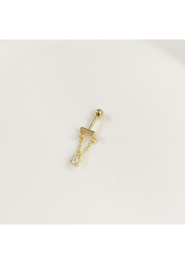 Sallantılı Zincirli Tek Taş Gümüş Tragus Pıercıng - Altın Sarı Beyaz
