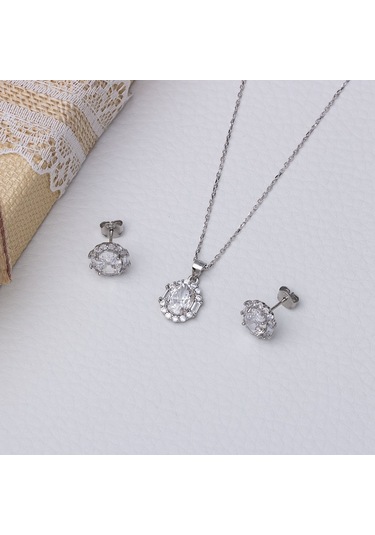 5-8 Mm Oval Zirkon Taşlı 925 Ayar Gümüş Kadın 2'li Set Gümüş