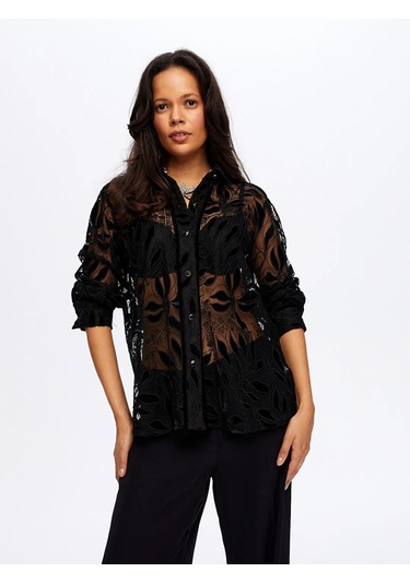 Faik Sönmez Dantelli Kadın Gömlek W26gml018 Siyah