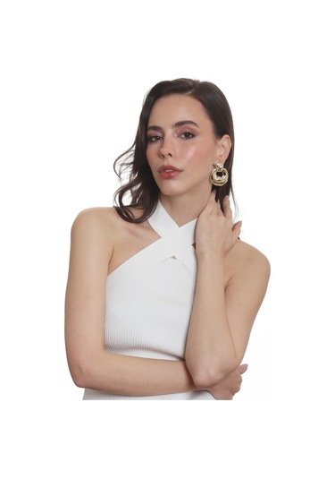 Labalaba Kadın Yaprak Dokulu Çivili Model Çanta Formlu Küpe - Altın Antrasit