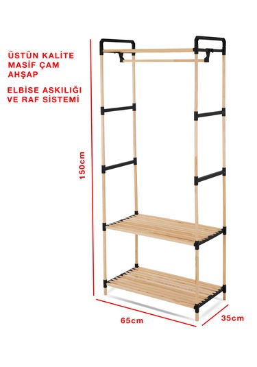 Ne02 Ahşap Gardrop Elbise Askısı Ve İkili Raf Sistemi Masif Çam Ahşap Ahşap