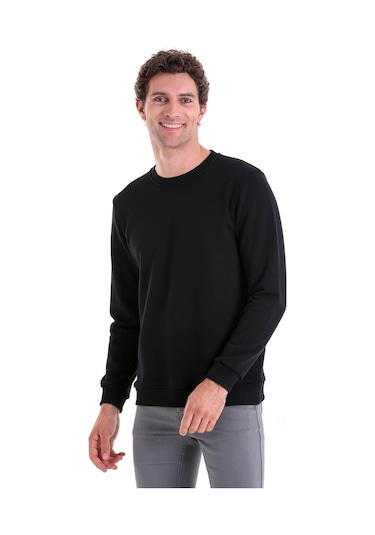Hatemoğlu Regular Fit Düz Pamuklu Bisiklet Yaka Sweatshirt Siyah