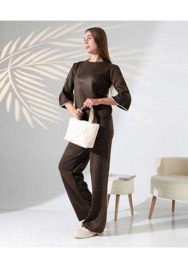 İnci Volanlı Kol Detaylı Triko Takım Kahverengi