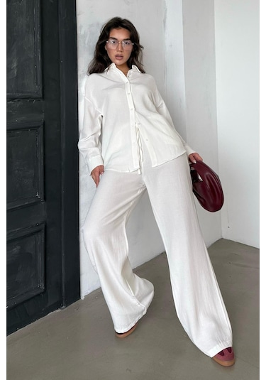 Madmext Ekru Keten Kadın Gömlek Pantolon İkili Takım Mg2356 Ekru