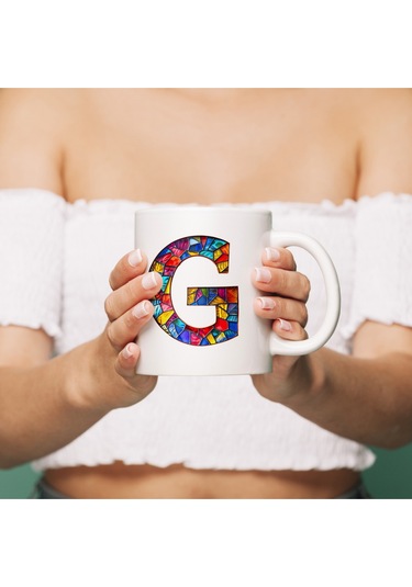 G Harfi Bardak 330 Ml İsme/harfe Özel Hediye, Renkli Harf Tasarım Beyaz