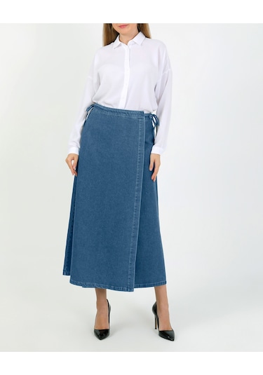Vellichor Yandan Bağlamalı Denim Etek- Açık Mavi Çok Renkli