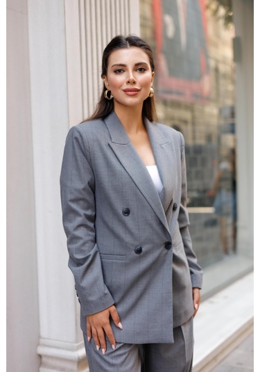 4 Düğmeli Kruvaze Geniş Çizgili Takım Gri Gri