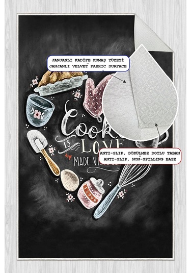 Dijital Baskılı Dekoratif Kaymaz Taban Yıkanabilir Cooking Love Halı Mutfak Halısı Yolluk Salon Halısı