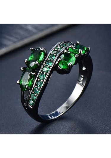 Zarif Oval Kesim Mavi Cz Taş Alyans Siyah Altın Takı Hediye Boyutu 5-11 6 Yeşil