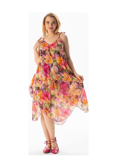 Askılı Vual Afrodit Midi Boy Yazlık Elbise Batik Pembe 6211 - Standart