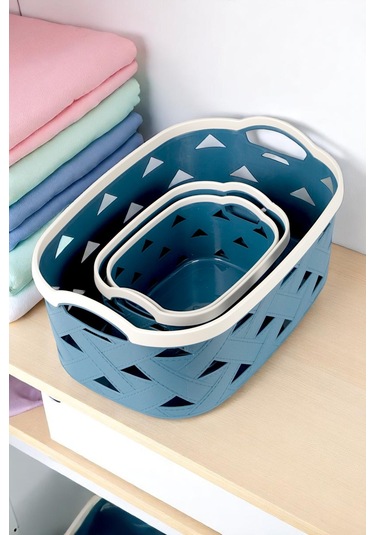 İronika 5li Dekoratif Deri Görünüm Dolap İçi Düzenleyici Saklama Kutusu Mutfak Banyo Organizer Sepet Mavi Mavi