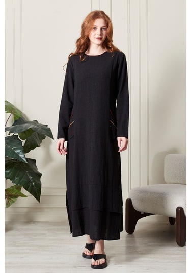 Cep İşlemeli Uzun Keten Elbise - Zarif Ve Rahat Siyah