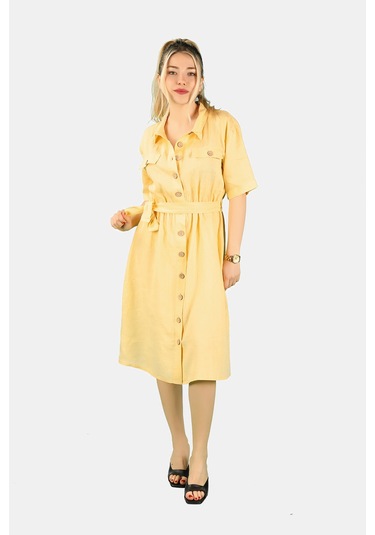 Önden Düğmeli Keten Elbise Sarı