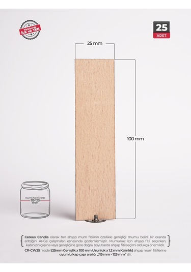 Ahşap Mum Fitili 25 Mm Genişlik Nikel Kaplama Çelik Taban, 3m Köpük Bantlı, 25 Li Set Ahşap