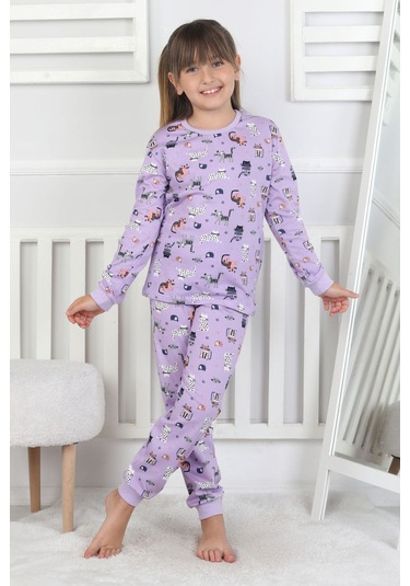 Uzun Kollu Cute Cat Desenli Kız Çocuk Pijama Takımı Mor