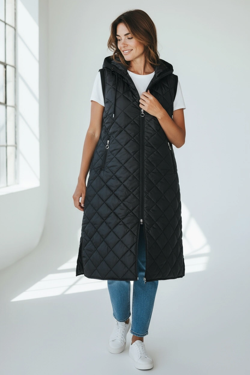 Kadın Önü Fermuarlı Yanlardan Cepli Kapüşonlu Kapitone Yelek Beyaz Siyah