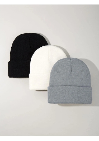 Eke Tekstil Unisex Katlamalı 3'lü Bere Seti Beyaz - Gri - Siyah