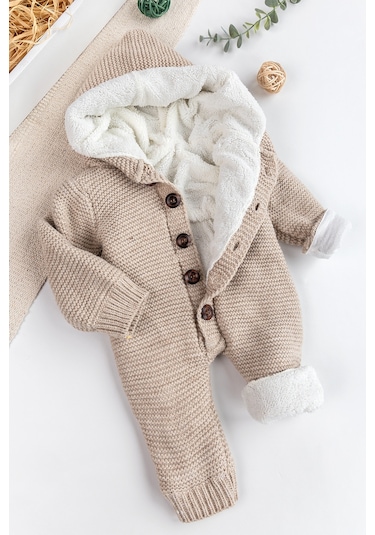 Triko Örme Welsoft Astarlı Kapüşonlu Kışlık Bebek Tulum Bej