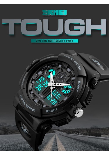 Yunboo Skmeı Erkek Spor Saati, 5atm Su Geçirmez, Çift Zaman, Kronometre, Alarm Ve Işık Özellikli, Koyu Kasa Mavi Işaretçi Çok Renkli