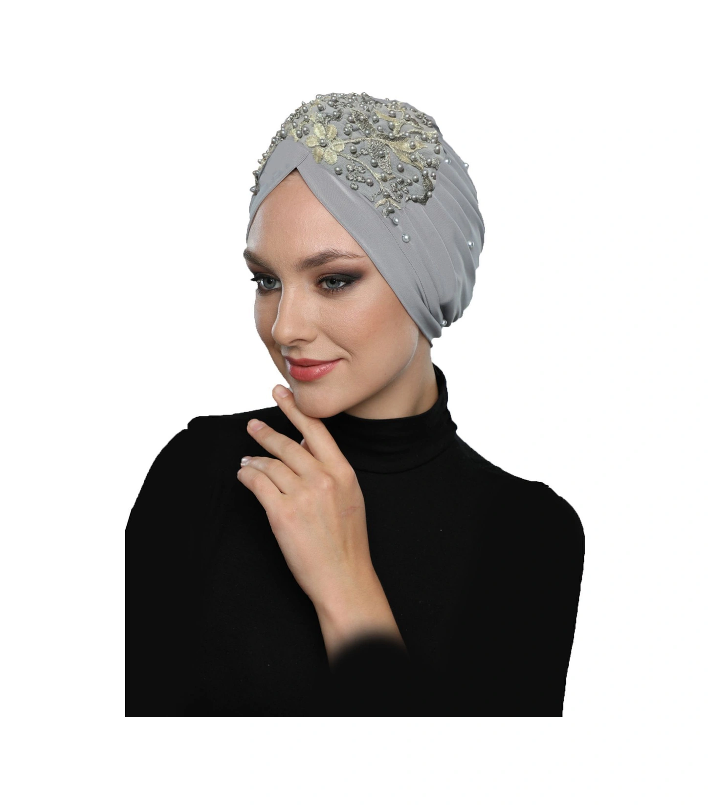 Kopma Astarlı İşlemeli Açık Gri Bej Dantel Motifli Hazır Türban Tesettür Abiye Bone Açık Gri-bej