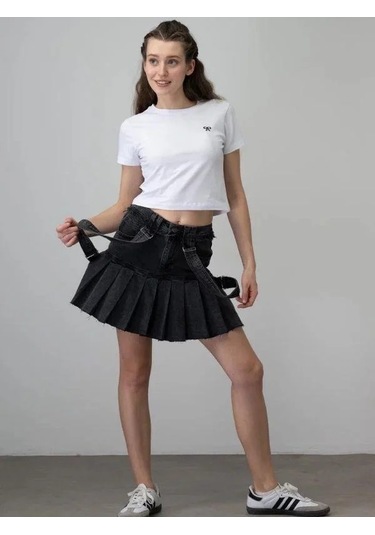 Kız Çocuk Askılı Pileli Tasarım Denim Etek-15535 Siyah