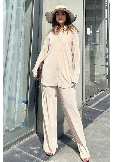 Kadın Bej Uzun Tunik Gömlek & Beli Lastikli, Bol Paça Pantolon - Salaş Bürümcük Takım Bej