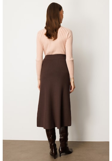 On Kadın Düğmeli Triko Etek 65207 Kahverengi Kahverengi