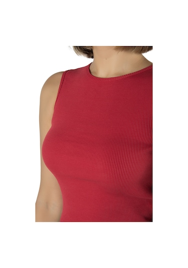 Kırmızı Fitted/vücuda Oturan Crop Halter Yaka Fitilli Esnek Örme Bluz Atlet Kırmızı