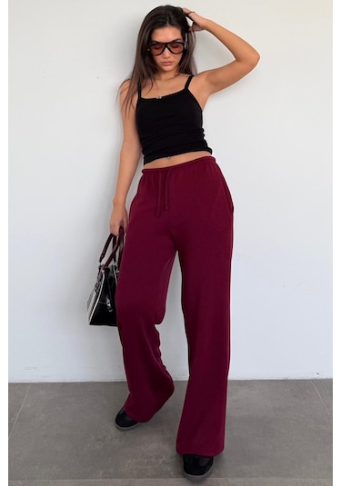 Bordo Geniş Paça Barrel Fit Eşofman Altı Mg2646 Bordo