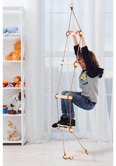 Çocuk Ahşap İp 6 Merdiven Ve Trapez Salıncak 2 Li Eğitici Settırmanma Kulesi & Trapez Jimlastik Salı