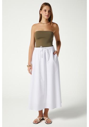 Kadın Seaside Beyaz Astarlı Bel Lastikli Cepli Dokuma Uzun Etek Beyaz