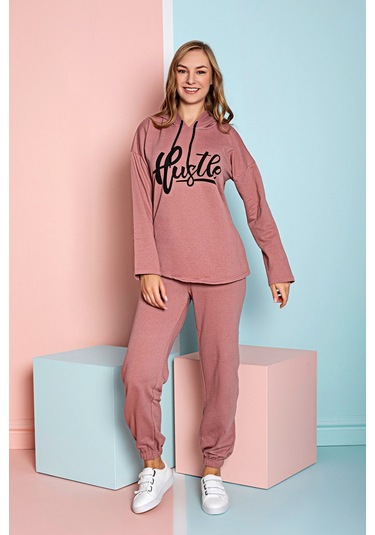Mevsimlik Kapşonlu Kadın Eşofman Takımımı - Sportif Kadın Giyim Pudra