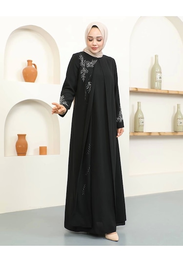 Büyük Beden Taş Detaylı Anne Elbisesi - Siyah / E0129 Siyah