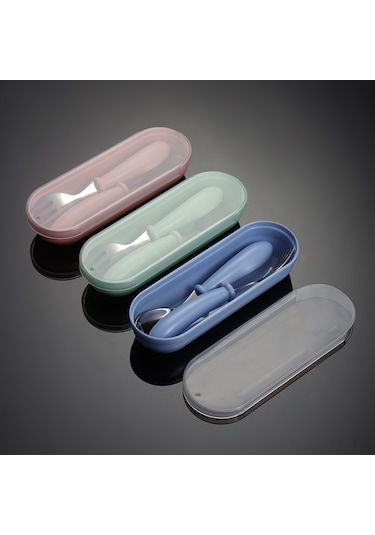 Moveevo Çocuklar İçin 304 Çelik Çatal Kaşık Kutusu Seti - Mavi, Sevimli Desenler, Kolay Tutuş, Hediye Özel, Depolama Kolay Mavi