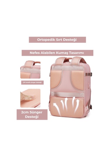 Su Geçirmez 16" İnç 30l Ayakkabı Bölmeli Seyahat Sırt Çantası - Laptop Bölmeli, Usb Şarj Girişli Pembe